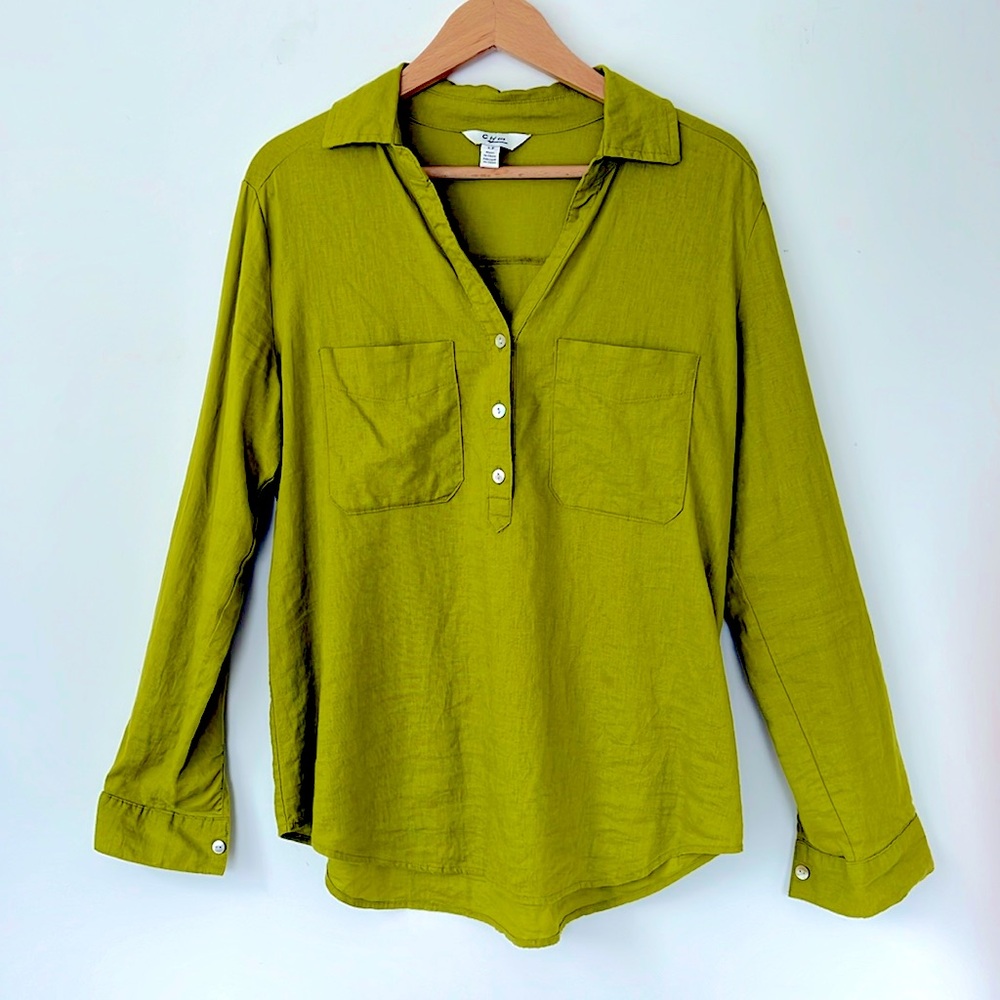 linen top with long sleeve, green, green linen top, yellow green linen tunic
